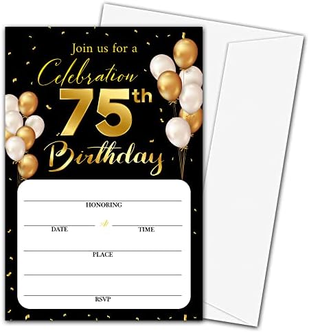 Картички За Покана за 75-ти Роденден Со Пликови - Класична Златна Тема Пополнете Ја Празната Роденденска Забава Покани Картички, За Маж, Жена
