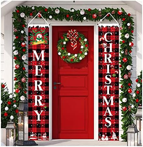 ОРАНМЕЧИ Среќен Божиќ Украси Банер, Божиќ Трем Знак Црвен Бивол Карирани Виси Банер За Внатрешна Надворешна Влезната Врата Ѕид