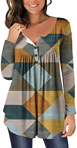 Womenенски плетенка Хенли врвови со долг ракав симпатична есенска селска блуза облечена проточна маица копче нагоре скриен стомак Туника врвови