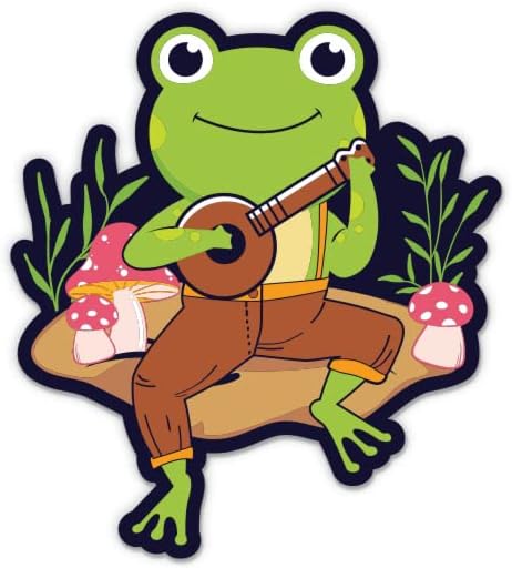 Симпатична жаба што игра налепница за бањо - налепница за лаптоп 3 - водоотпорен винил за автомобил, телефон, шише со вода - Decal Bluegrass