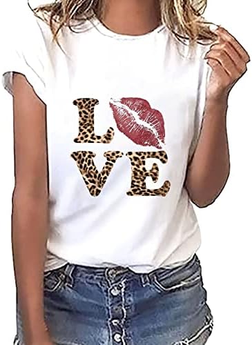 Loveубов модно писмо печатено маица за Денот на вineубените, жени обични кратки ракави за кратки ракави, обични лабави врвови дами блуза
