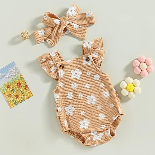 Објавување на новороденче девојче ромпер цветни рафлени ракави играчки 3 6 12 18 месеци новороденче летна облека