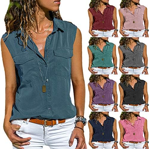 Andongnywell женски случајни лапчиња без ракави со цврста боја кошули со копче блузи кошула врвови на џебови кошула блуза