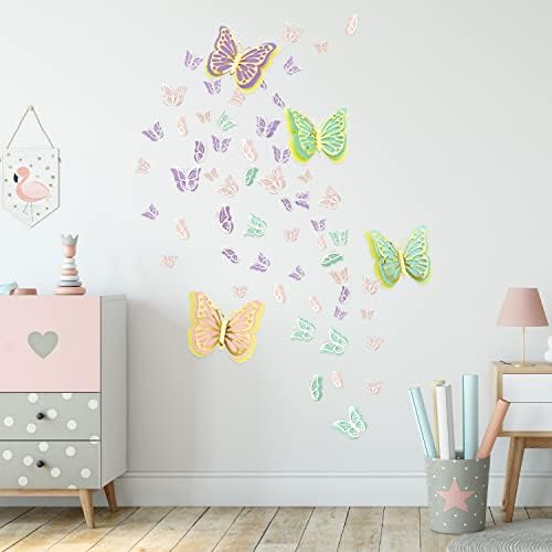 Whaline 64pcs 3D Butterfly wallид декор 4 големини налепници за butterидови од пеперутка розова сина виолетова отстранлива спална соба wallидни