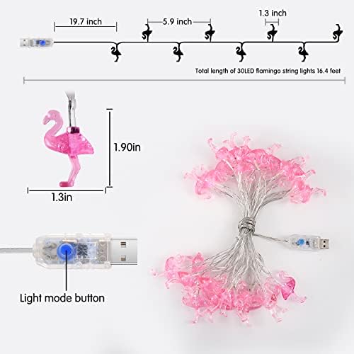 Enshui Fairy Lights приклучуваат розови кристални фламинго светла 16.4ft 30 LED USB -жичани светла, 8 режими на осветлување LED стринг