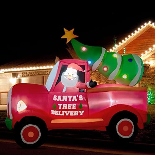 8ft Божиќни украси за надувување на автомобили на отворено Санта дискови камион со новогодишна елка, разнесени со LED светла за затворен простор