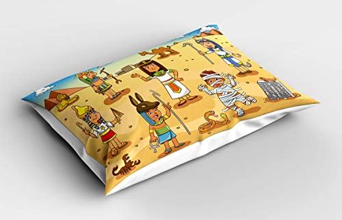 Ambesonne Cartoon Pillow Sham, историски ликови во Египет со пирамиди Клеопатра крал мумиски дизајн слика, декоративна стандардна големина