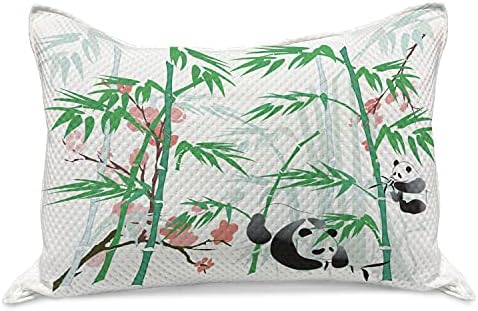 Зачудувачки бамбус принт плетена ватенка перница, џиновска дрвена трева бамбус и мечка од панда во кинески тропски предели, стандардна покривка за перница со голе?