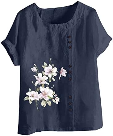 Кошула за блуза за жени со кратки ракави Постелнината памучна екипа на вратот на вратот надолу по цветниот графички преголем бранч мета i1