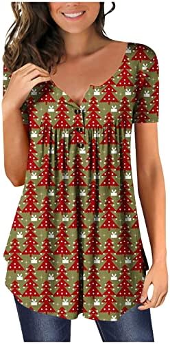 Ксипкокм Женска Божиќна Маичка Со Кратки Ракави Мода Слатки Графички Врвови Од Туника Кријат Стомачни Секојдневни Облечени Блузи