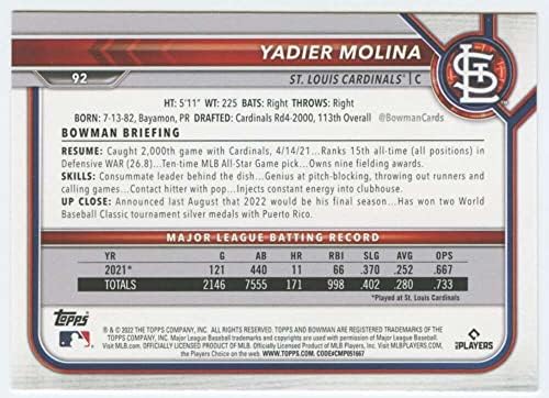 2022 Bowman 92 Yadier Molina St. Louis Cardinals MLB картичка за тргување со бејзбол