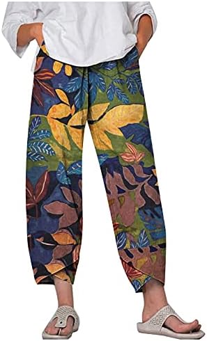 Печатени панталони со памучни постелнини Ubst, лабава широка нога еластична панталона од половината дами обични панталони со џеб со