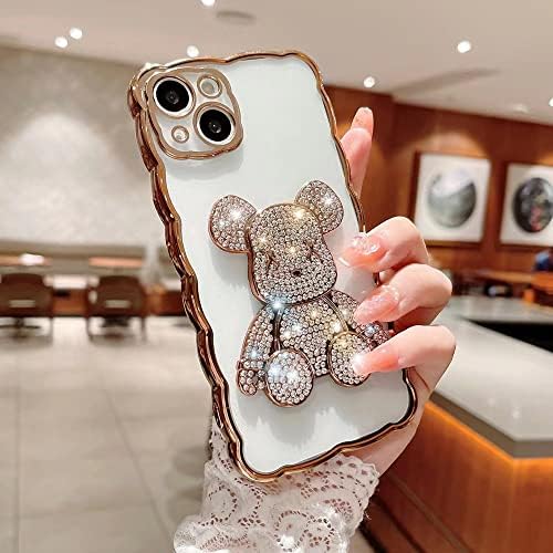 Компатибилен со iPhone 13 Pro Телефонски случај Теди Кенди мечка Kaws kawaii сјаен дијамант симпатична 3D мечка со цртан филм Телефонски случај Електроиран бран раб мек TPU Shockpr