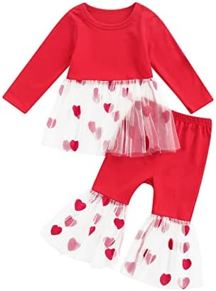 Детско новороденче бебе девојчиња Tulle Patchwork 2pcs Валентин облека со долги ракави врвови на врвови+ панталони за панталони од bellвонче