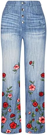 Женски фармерки за подигање се протегаат слаби фармерки од пламен со средно-пораки за печатење панталони со џебови потресено копче долга панталона