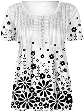 Women'sенски кратки ракави врвови на туники, копче V-врат, лабава обични врвови блузи, лето лабава вклопена цветна плетена слоевита кошула