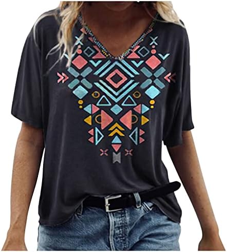 Кошули за фустани на Nokmopo Retro Print Geometric Print V-вратот со кратки ракави маица Топ блузи женски летни врвови