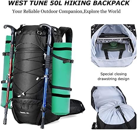 Западниот дел од 50L лесен ранец за пешачење со покривка од дожд, кампување ранец за качување на турнеја со кампување, водоотпорен