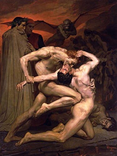 АЛОНЛИН АРТ - Данте и Виргил во пеколот од Вилијам Бугуеро | Сребрена врамена слика отпечатена на памучно платно, прикачена на таблата со