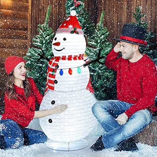 Божиќни украси на снежни луѓе на отворено, 4ft склопувачки осветлен Божиќен снежен човек со знаме на ѓердан, надворешно осветлен снежен