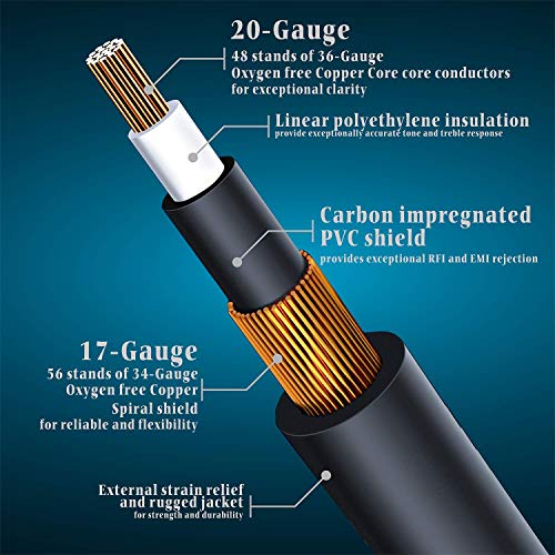 Augioth Performance Guitar Cable 30 ft, електричен инструмент бас кабел засилувач 1/4 директно до аголна црна боја