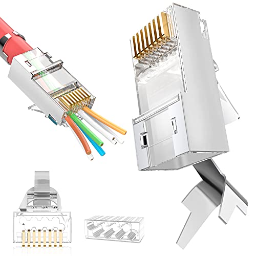 Заштитен RJ45 Cat6A Cat7 Помине Низ конектори - 3 Prong 8P8C 50u Позлатени 2-Парче Помине-Преку Модуларен Приклучок За Податоци ЗА FTP/STP