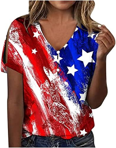 Женски летни врвови поделиле кошули со кратки ракави Американски блузи со знаме на знамето, обични маици со вратот на вратот 4-ти јули