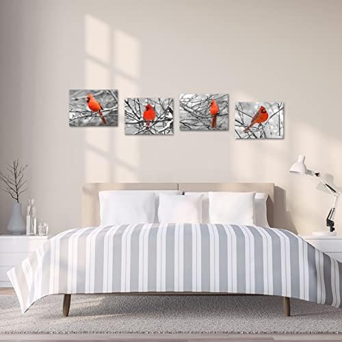 Kreative Arts 4PCS Canvas Print Wallиден уметност Црвен кардинал на снежно дрво гранка птици Диви животни фотографии Зимска сцена Божиќна