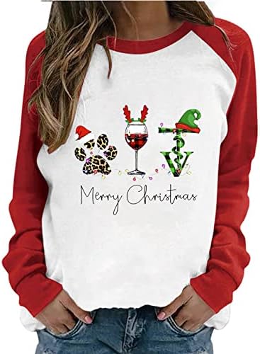 Womenените Среќни Божиќни џемпери 2022 лесен блок во боја на леовер, леопард, графички печати Раглан врвови