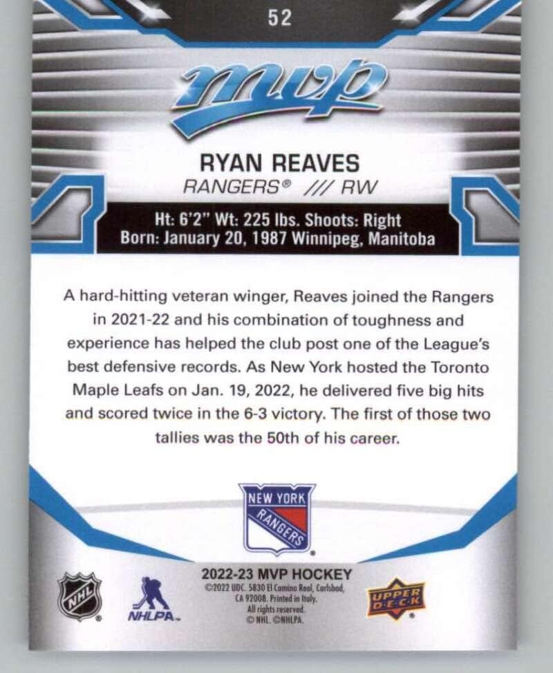 2022-23 Горна палуба MVP 52 Ryan Reaves New York Rangers NHL Hockey Trading Card