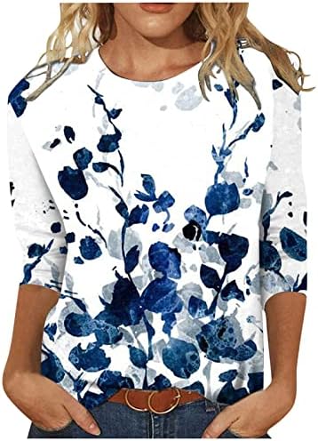 Женски врвови случајни врвови од 3/4 ракави, симпатични печатени маички екипаж, блуза од вратот, цветни празнични комфинозни маички