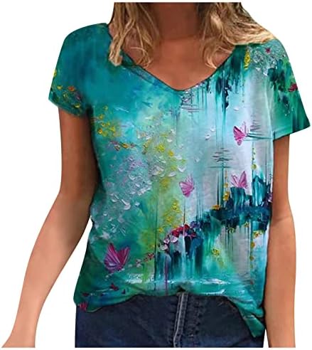 Девојки мека удобна облека со кратки ракави со кратки ракави, графички врвен кошула лето есен V вратот маица за жени 3S 3S