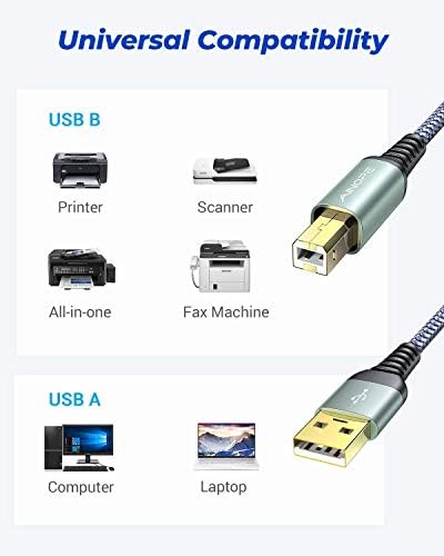 AINOPE USB Печатач Кабел, 6.6 СТАПКИ/2 МЕТАР USB Печатач Кабел Никогаш Не Пукне USB 2.0 Тип Машки до Б Машки Скенер Кабел Голема Брзина