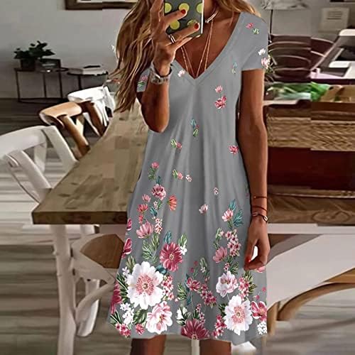 Обичен летен фустан, Ress for Women Cute Floral краток ракав против вратот, лесен лабав вклопен фустан од плажа, мини фустан маица