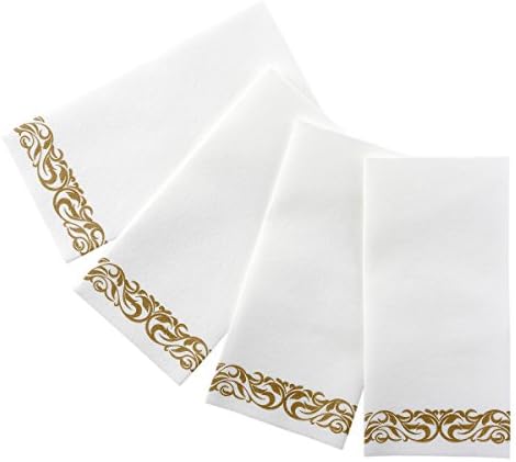 Крпи за гости за еднократна употреба со постелнина за бања - Декоративни крпи од бела рака, салфетки со златна цветна хартија - пакет од 100