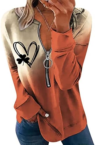 Ефофеи, женски Свети Патрик, половина патент џемпер со долги ракави Детелина кошули Ирска Шамрок печати врвови