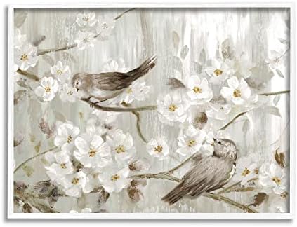Птици од студ индустрии на пролетно цветно дрво гранки Фармхаус Сликарство, дизајнирана од Нан Бела врамена wallидна уметност, 20 x 16, сива