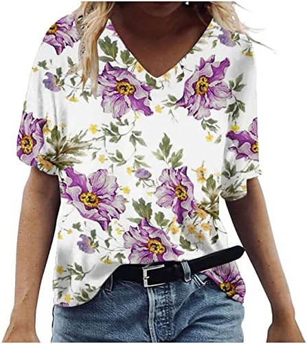 Тинејџерски девојки длабоко против вратот Памук цветни графички лабави се вклопуваат преголема опуштена вклопена обична маица за жени есен лето