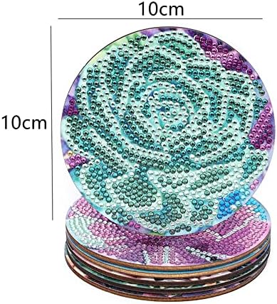 F-Canlan Rose Diamond Coaster Coaster With Holder 6 PCS сончоглед Coaster Diamond Art Painting Sidsion Broughts Не-лизгачки прицврстувач за