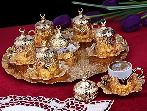26 парчиња Османлиски турски грчки арапски кафе еспресо гостин што служи чинија за чизми, злато