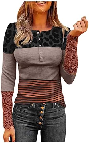 Шарена кошула Хенли жени 1/4 копче нагоре облечена блуза тенок вклопува чипка капчиња со долги ракави кошула во боја блок туничен
