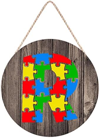 Аутистична сложувалка буква е дрвена плакета, свесност за аутизам Почетна азбука дрво виси знак, естетски женски девојки 26 букви од дрво знак