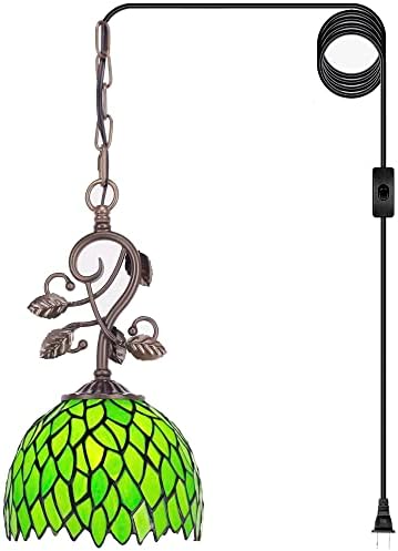 Rhlamps Tiffany Plug-in приврзок осветлување со 8 зелено обоено стакло Вистерија стил сенка, гроздобер бронзен тенок метален лист висина,