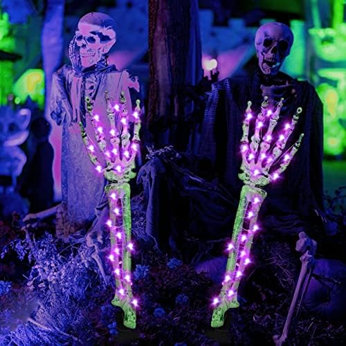 Декорација на Ноќта на вештерките, осветлен стенски раст на раката, 2 пакувања застрашувачки реални раце на коски водоотпорна батерија управувана,