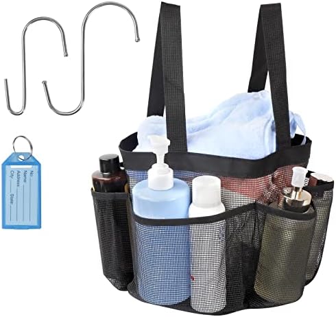 Haobaobei Mesh Toush Caddy Tote Basket, преносна торба за туширање 8 џебови за складирање, висина брза организатор на суво бања со 2 куки
