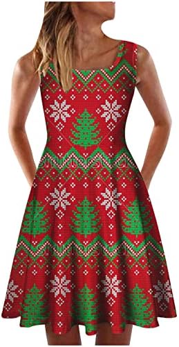 Божиќен фустан без ракави за жени Снегун печатен фустан квадрат врат А-линија фустани Божиќ обични резервоари миди фустан