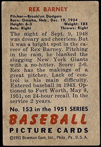 1951 Bowman 153 Rex Barney Brooklyn Dodgers VG/Ex Dodgers