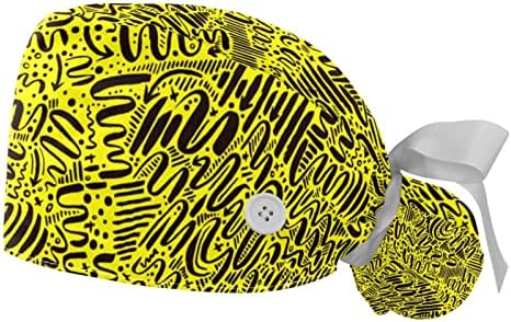 2 Парчиња Рачно Нацртана Апстрактна Жолта Шема Копче Капа За Чистење Работна Капа Една Големина Мулти Боја