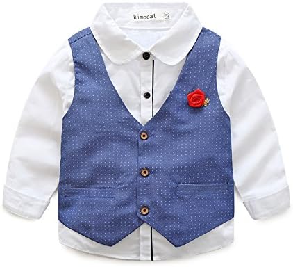 Kimocat Boys 3PCS облека поставува елегантни кошули со долг ракав + елек со цвет + панталони за забава