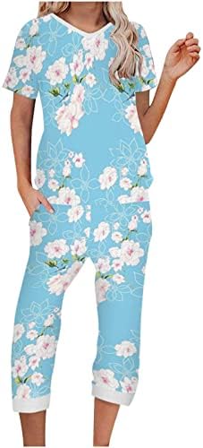 CHGBMOK 2 парчиња облека за жени лето кратки ракави V-вратот на врвни модни цветни маици со исечени панталони печати костум Хаваи
